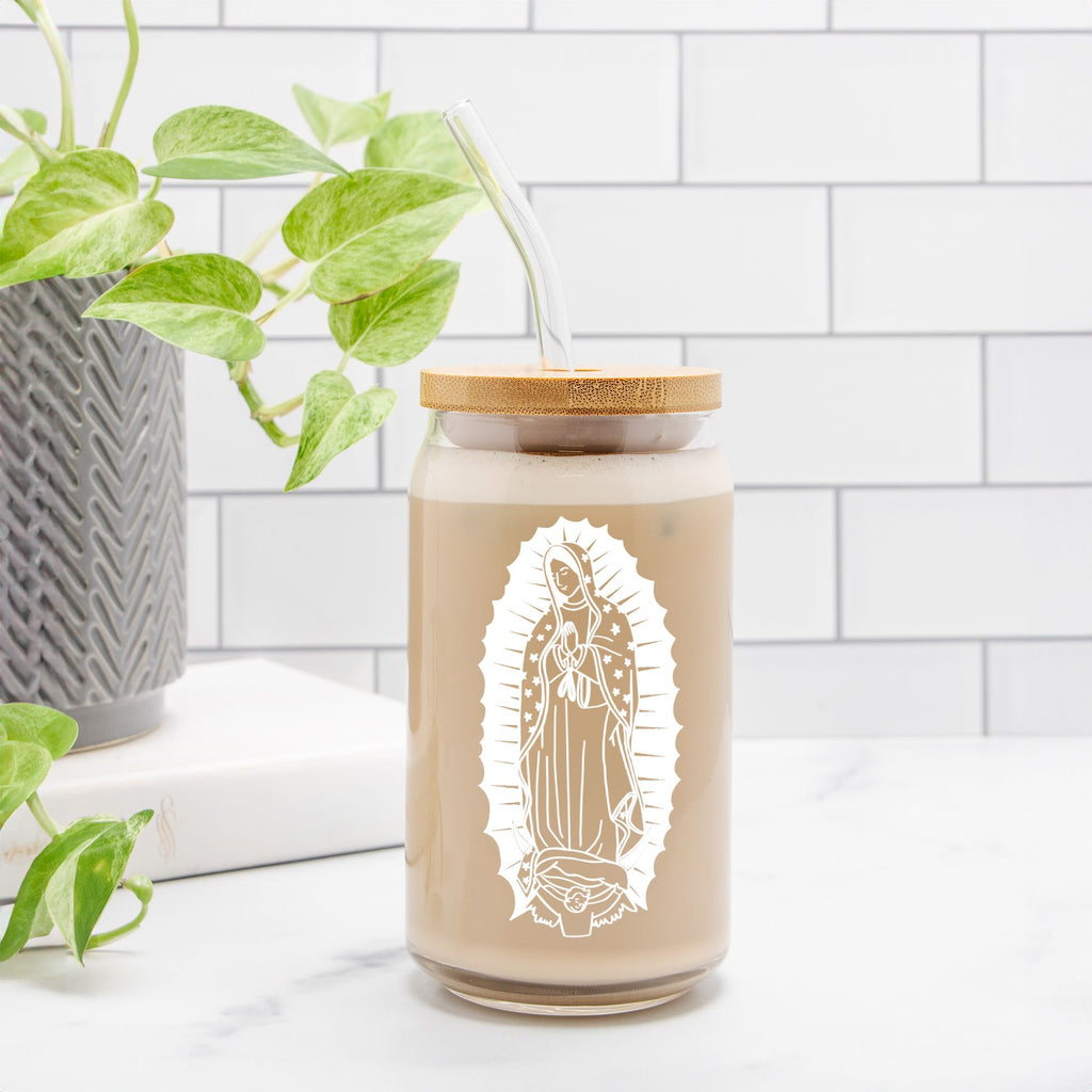 Our Lady of Guadalupe Glass Can Cup | Catholic Iced Coffee Glass with Straw