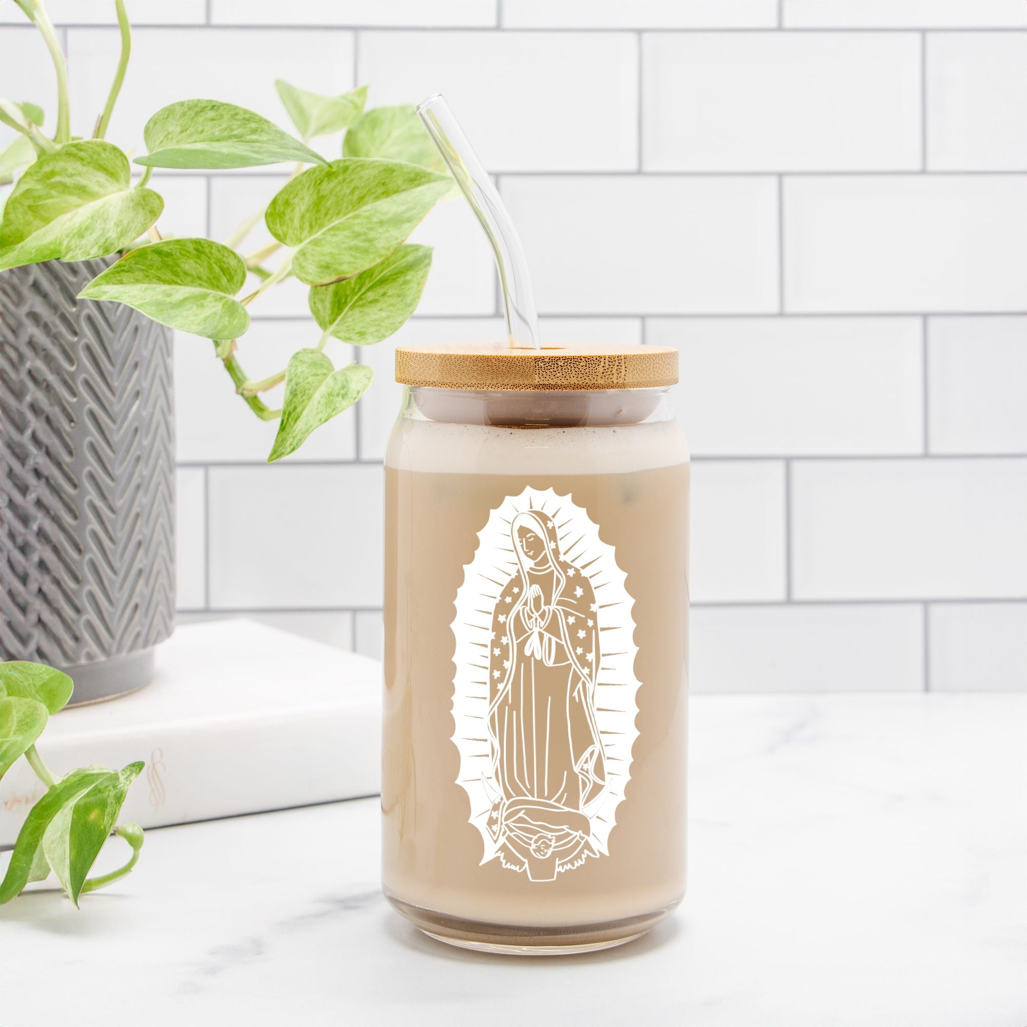 Our Lady of Guadalupe Glass Can Cup | Catholic Iced Coffee Glass with Straw