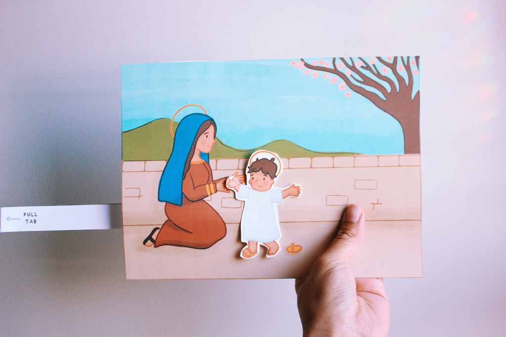 Our Lady of Perpetual Help Activity Bundle: Coloring Page & Jesus Running to Mary Pull Tab Craft