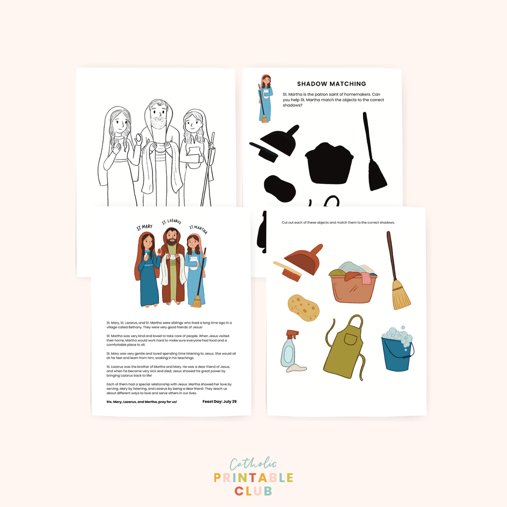 Sts. Martha, Lazarus, and Mary Activity Pack: Coloring Page & Shadow Matching