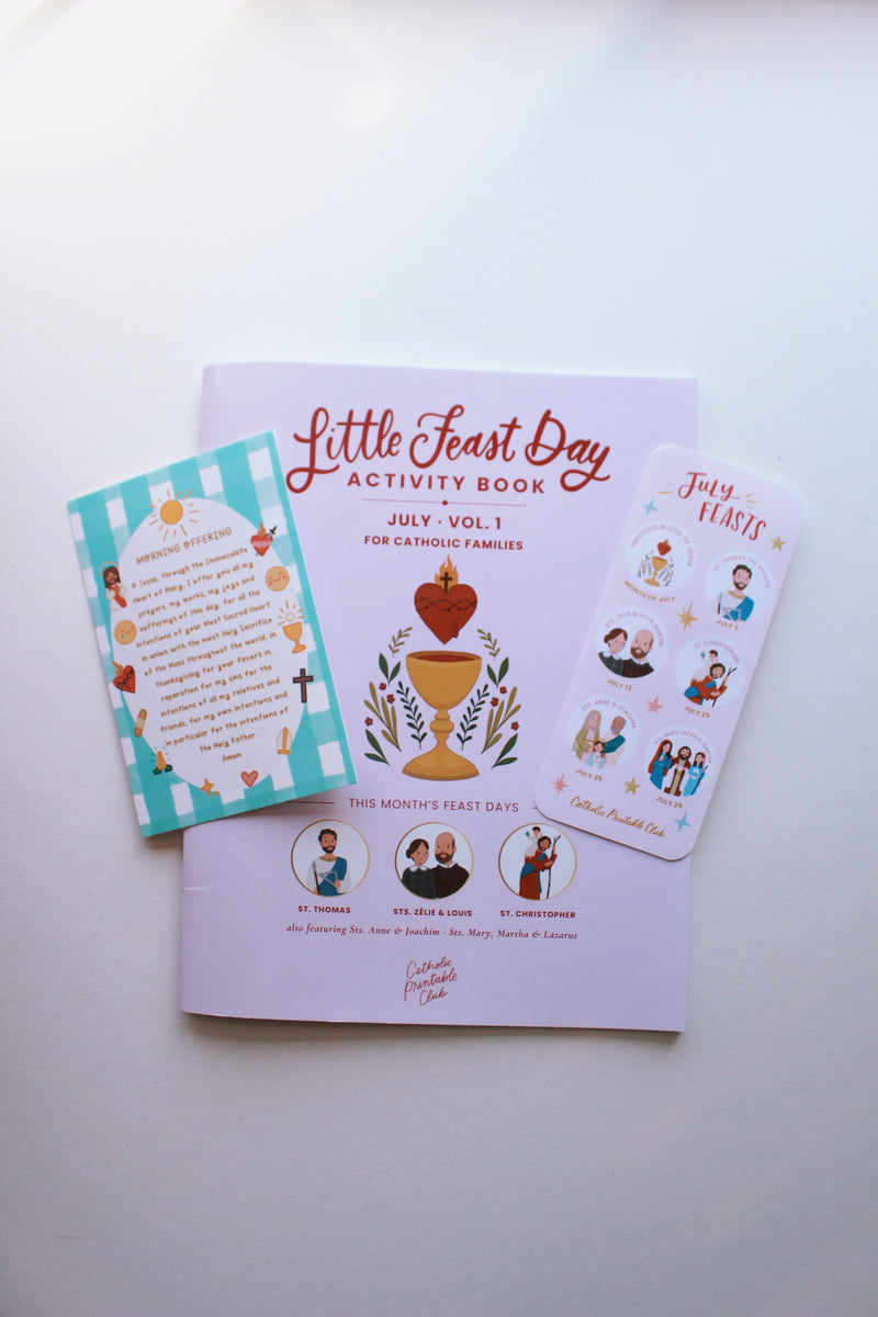 Children's activity book titled 'Little Feast Day' on a white surface