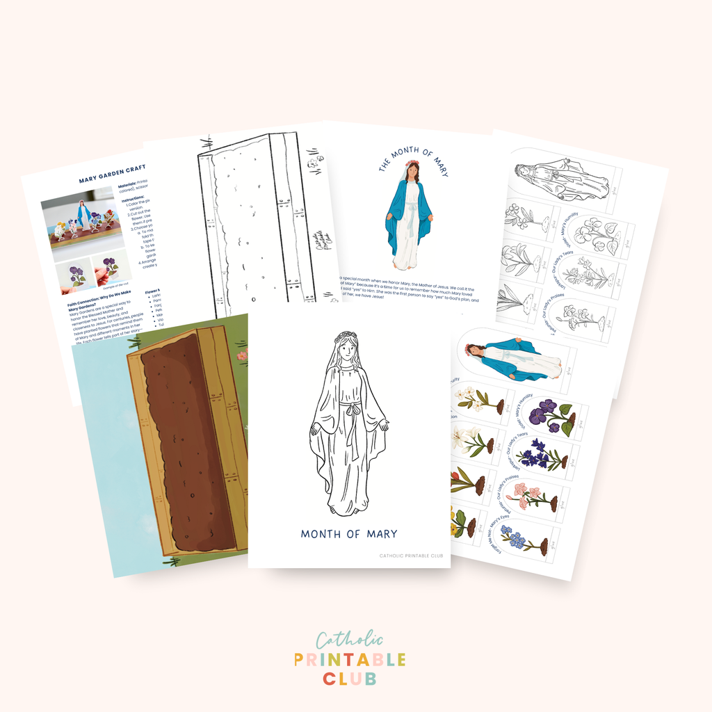 Month of Mary Activity Bundle: Coloring Page & Mini 3D Mary Garden