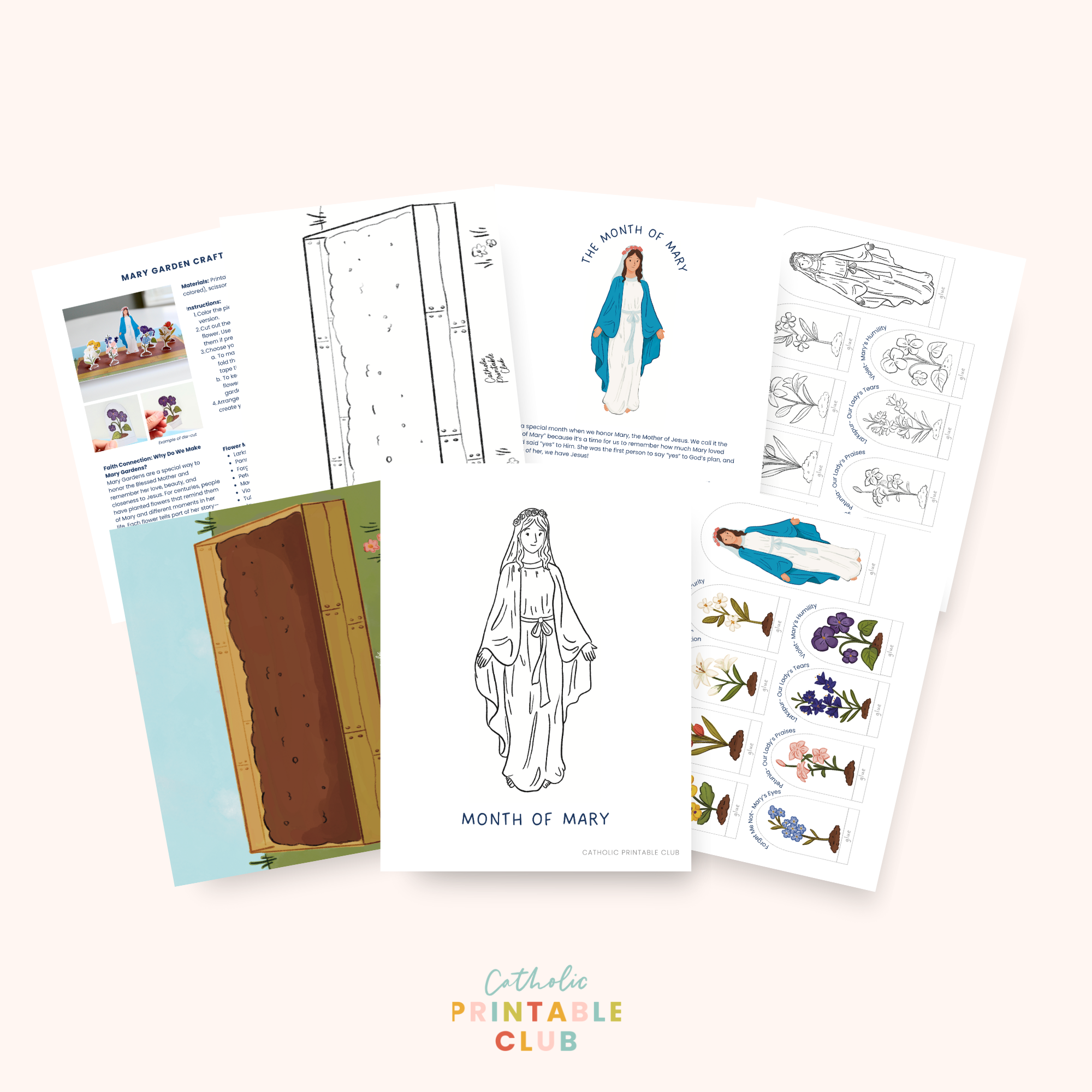 Month of Mary Activity Bundle: Coloring Page & Mini 3D Mary Garden