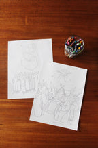 flat lay of the ascension coloring page, pentecost coloring page with some crayons