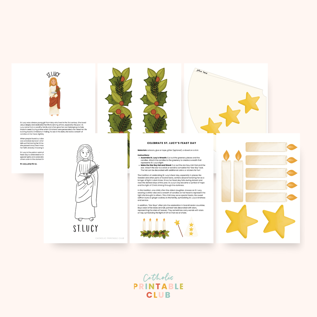 St. Lucy Feast Day Activity Bundle: Coloring Page & Wreath with Star Boy Printables