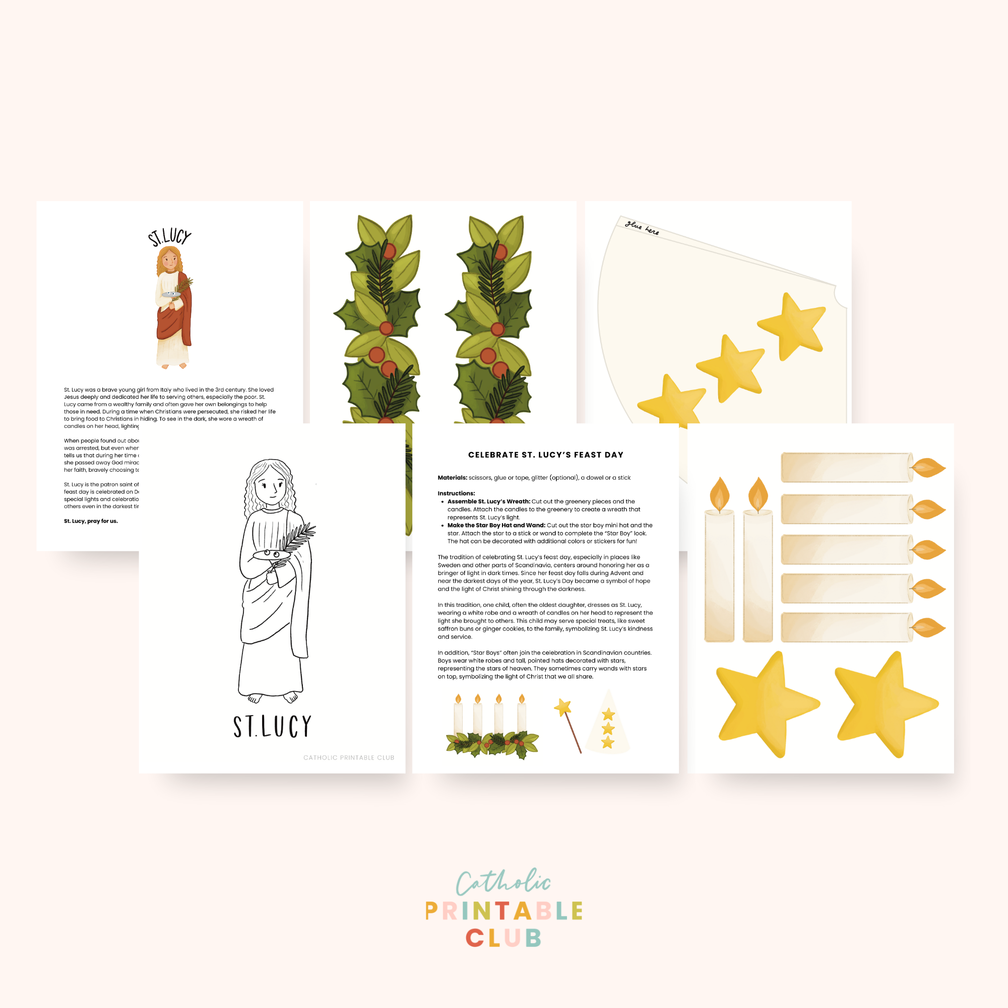 St. Lucy Feast Day Activity Bundle: Coloring Page & Wreath with Star Boy Printables