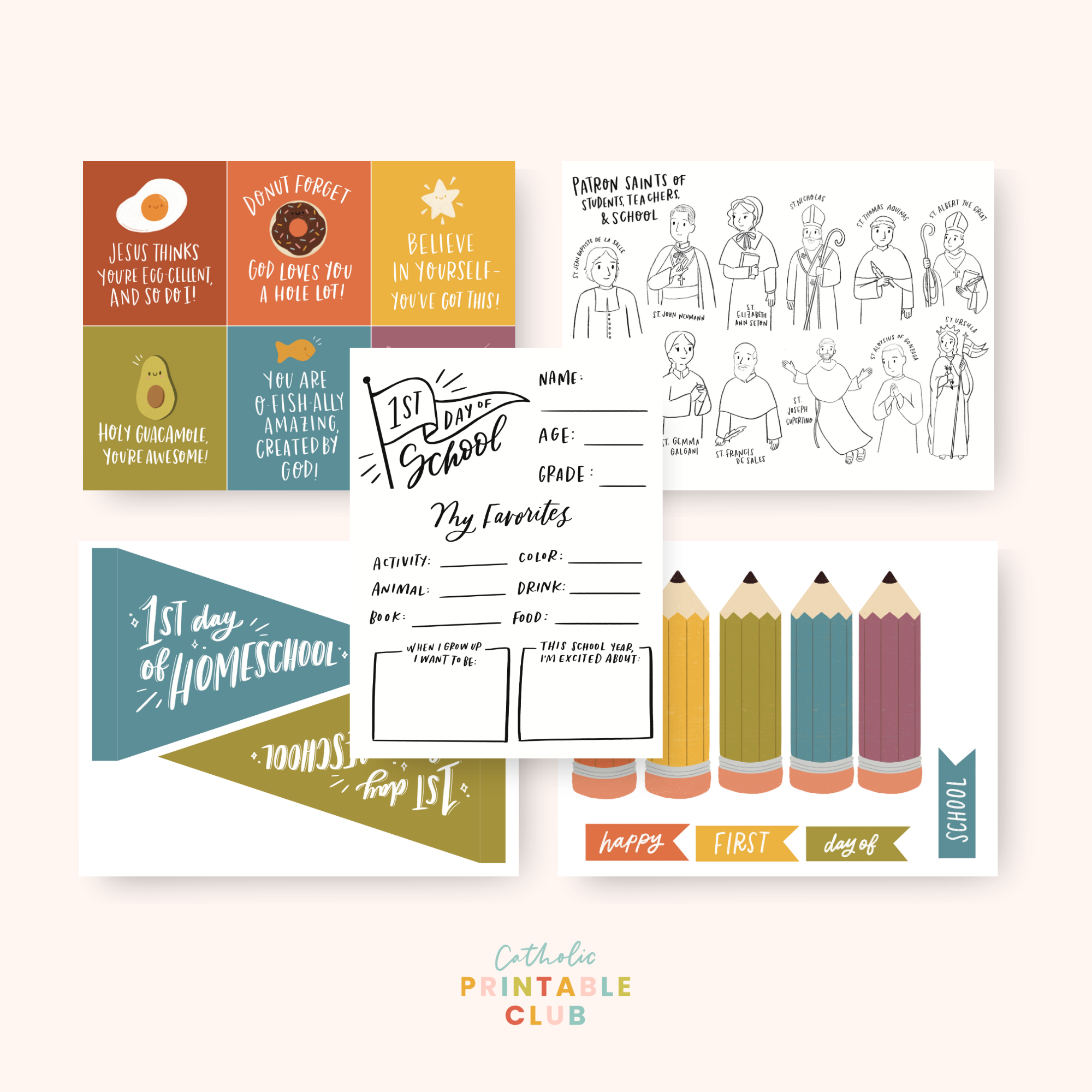 thumbnail image of back to school questionnaire, grade pennant, lunchbox affirmations, patron saint coloring page, pencil banner