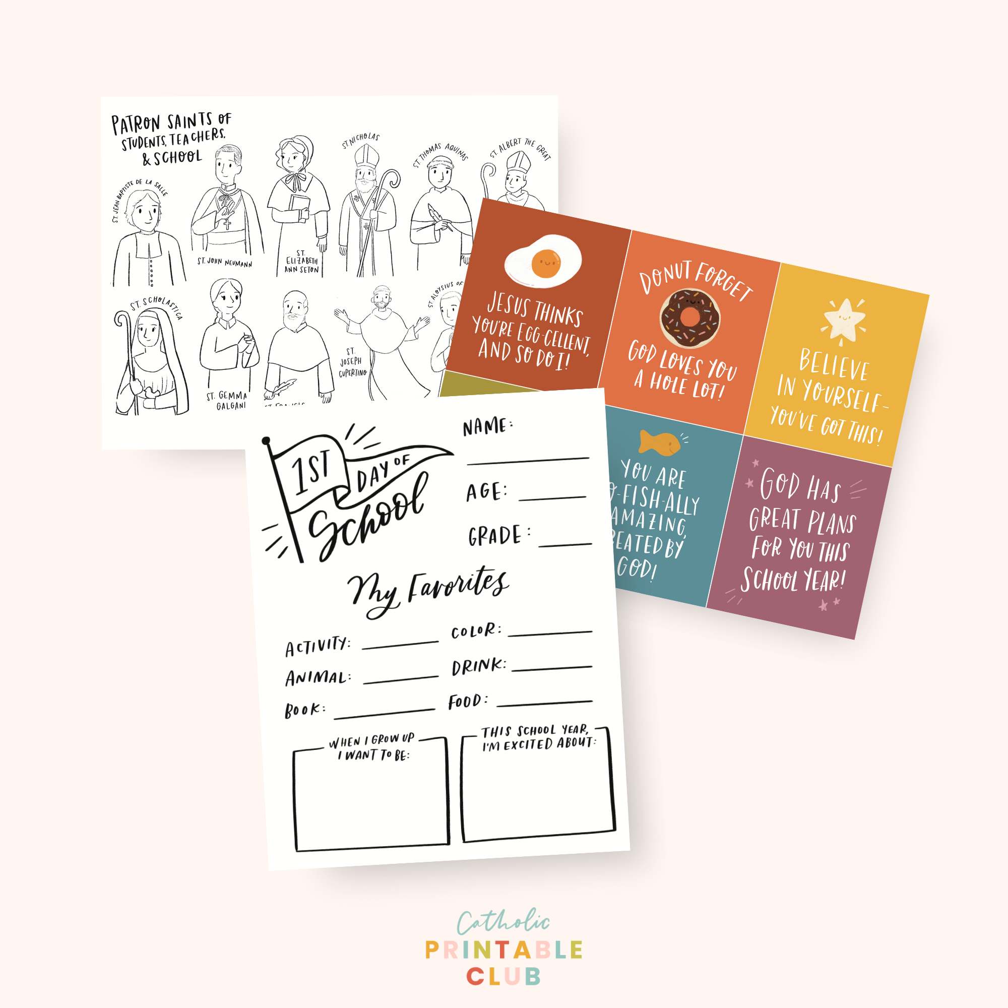 back to school questionnaire, lunchbox affirmations, and patron saint coloring page