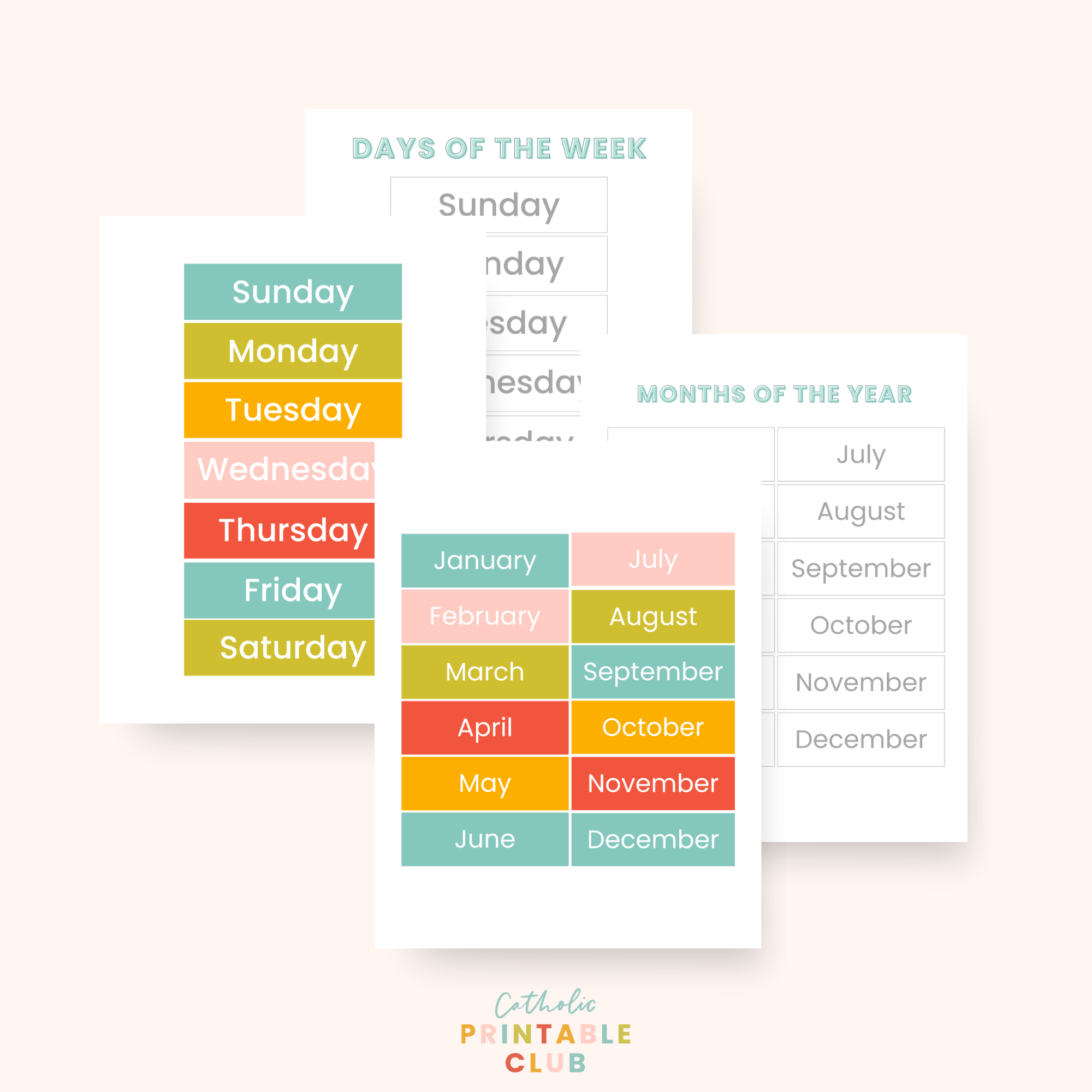 Catholic Daily Calendar, Days of the Week, Months of the Year Charts Bundle