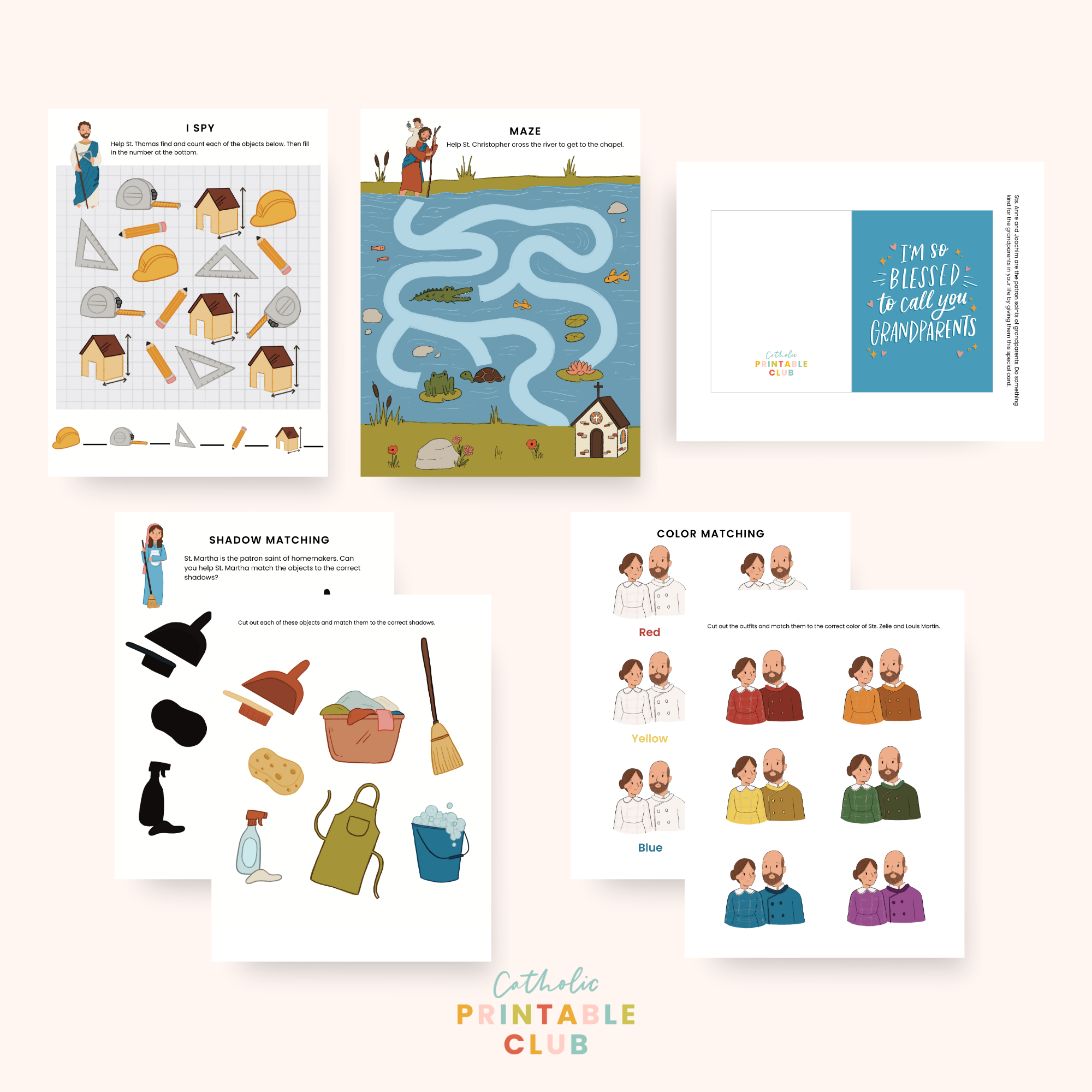 July Printable Bundle Activities I Spy with St Thomas Apostle, St Christopher Maze, St Anne and Joachim Grandparents Cards, St Martha Shadow Matching
