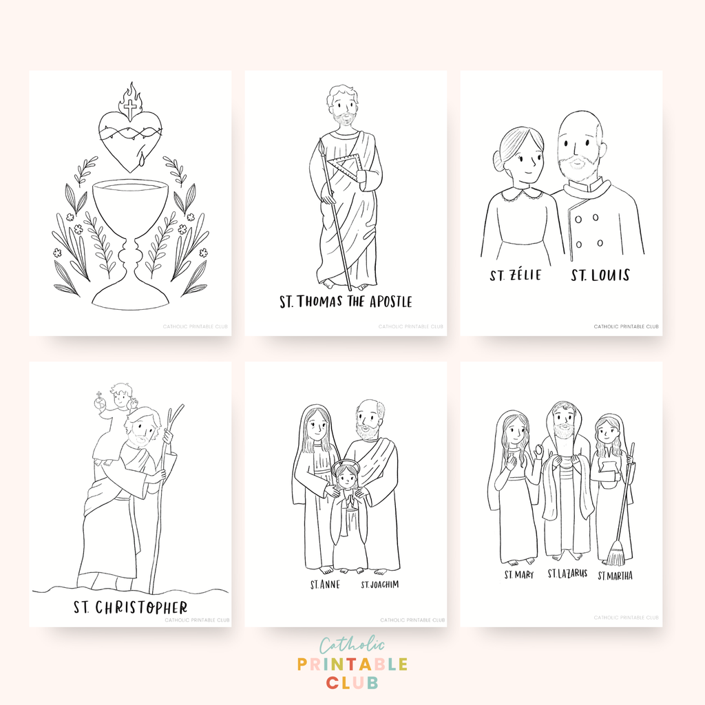 July Printable Pack Coloring Pages, Precious Blood of Jesus, St Thomas the Apostle, St Zelie and Louis Martin, St Christopher, St Anne and Joachim, St Mary, St Martha, St Lazarus
