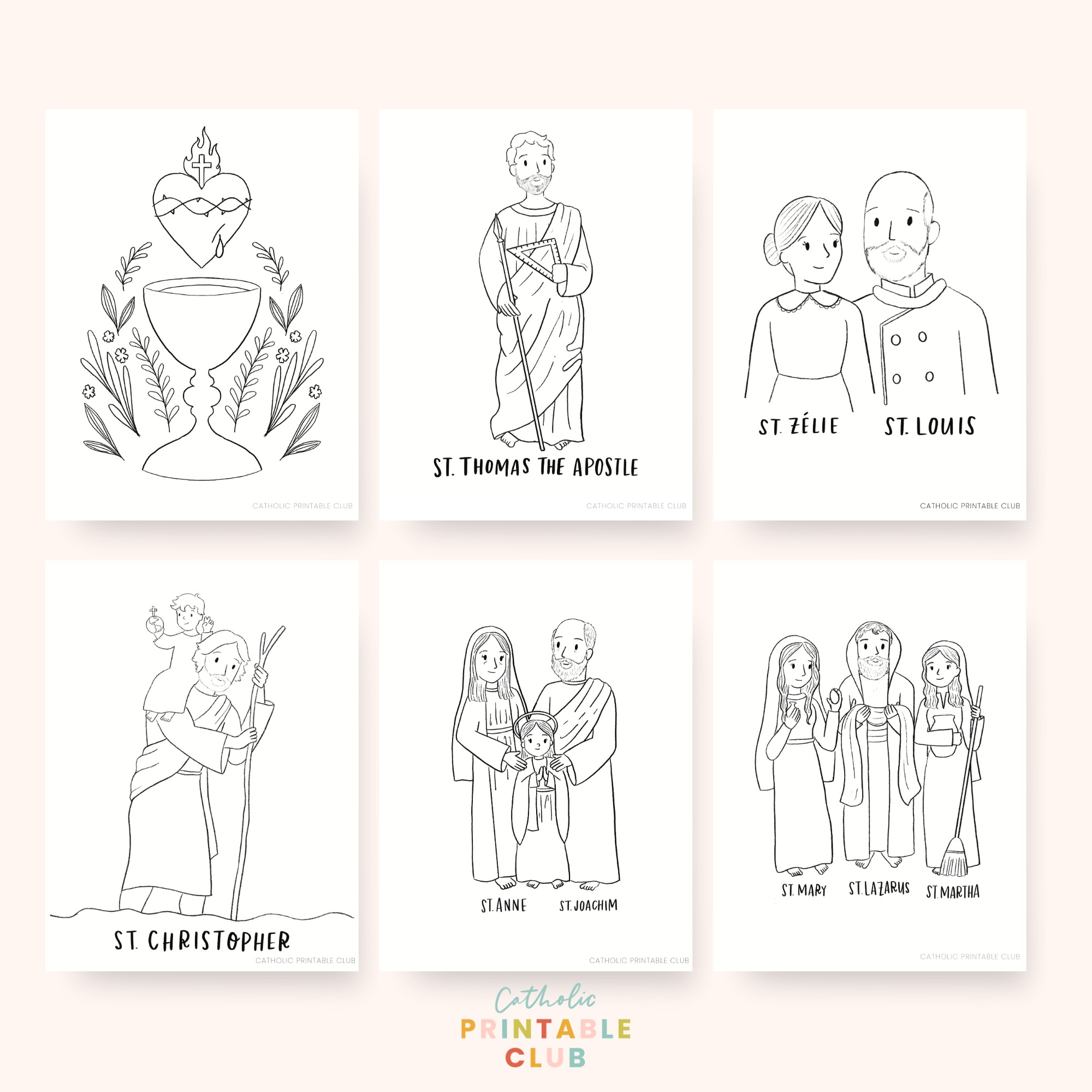 July Printable Pack Coloring Pages, Precious Blood of Jesus, St Thomas the Apostle, St Zelie and Louis Martin, St Christopher, St Anne and Joachim, St Mary, St Martha, St Lazarus