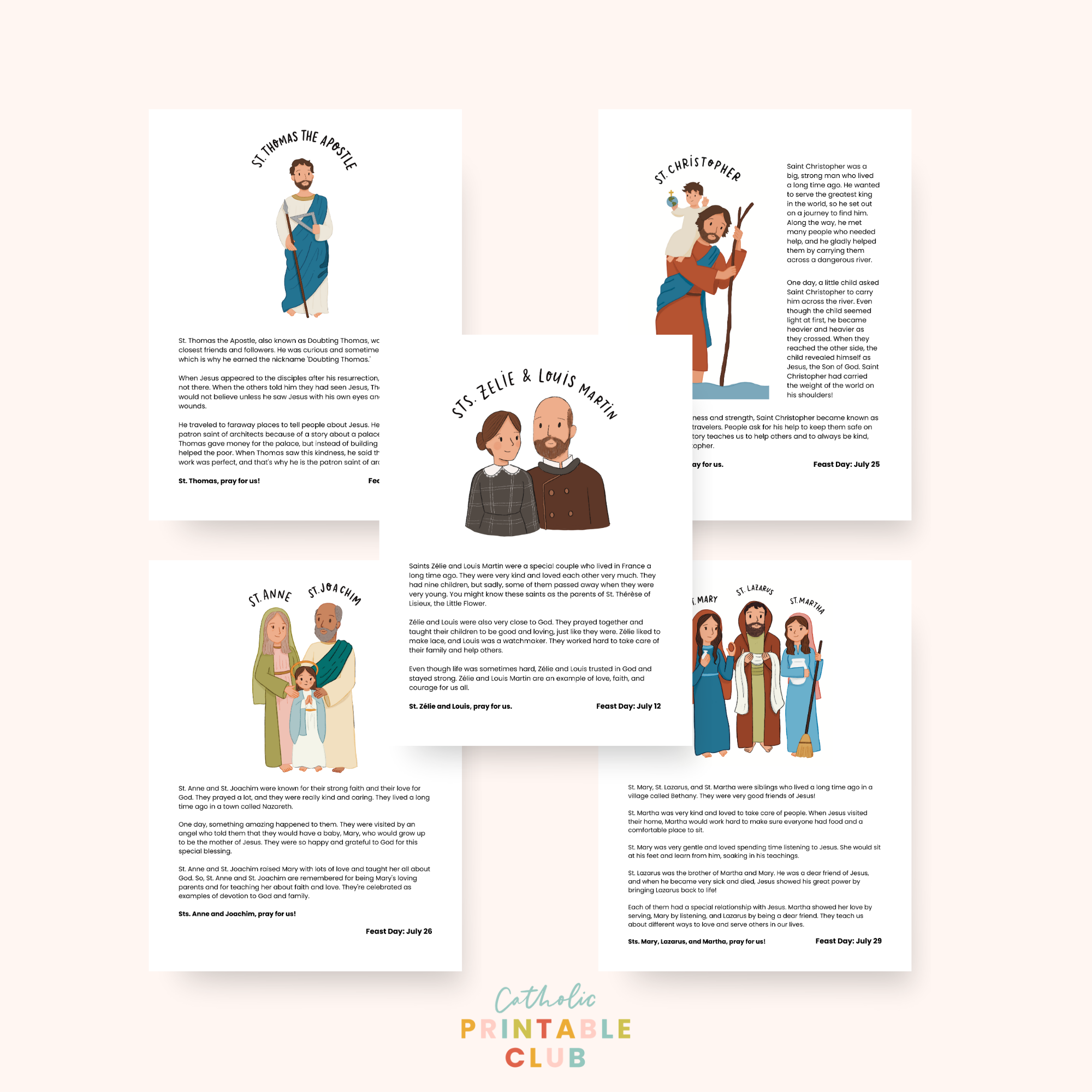 July Bundle Saints of St Zelie Louis Martin, St Anne and Joachim, St Thomas the Apostle, St Christopher, St. Mary, St. Lazarus, St. Martha