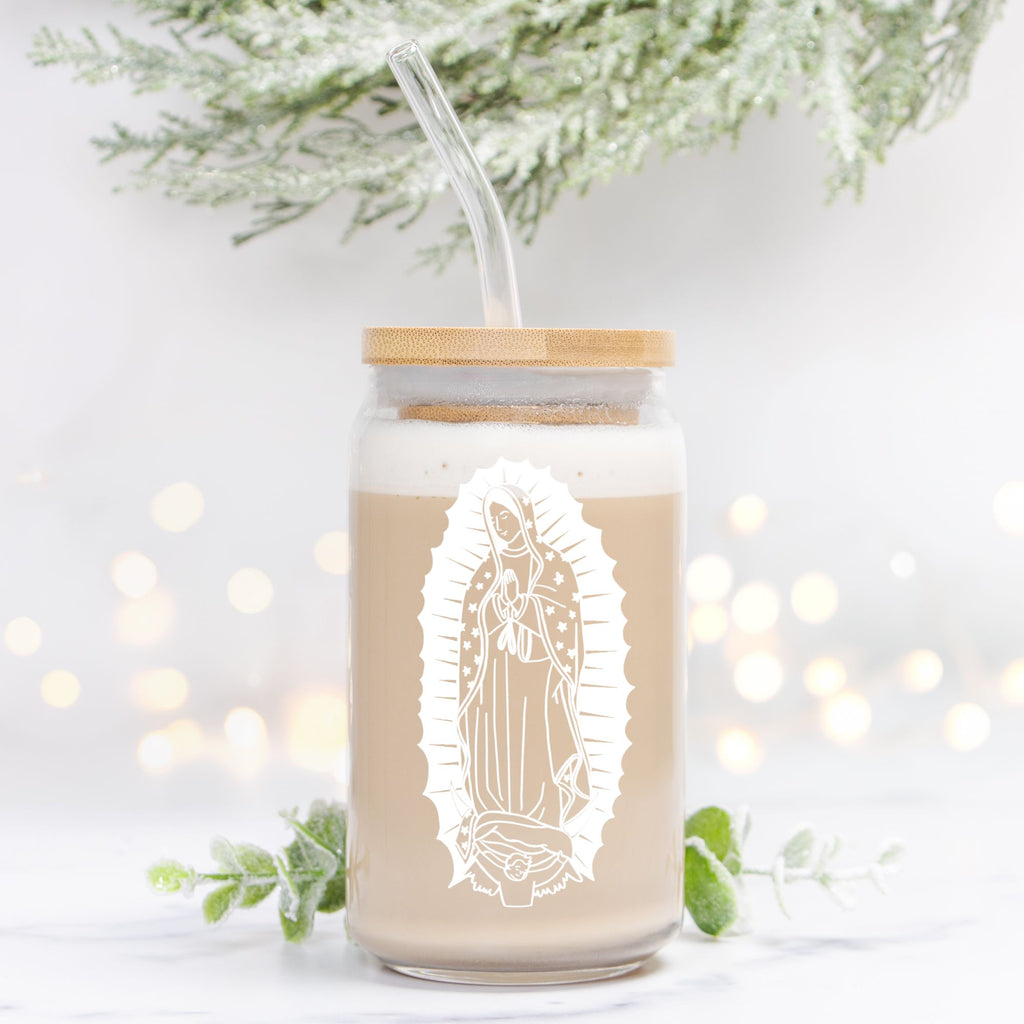 Our Lady of Guadalupe Glass Can Cup | Catholic Iced Coffee Glass
