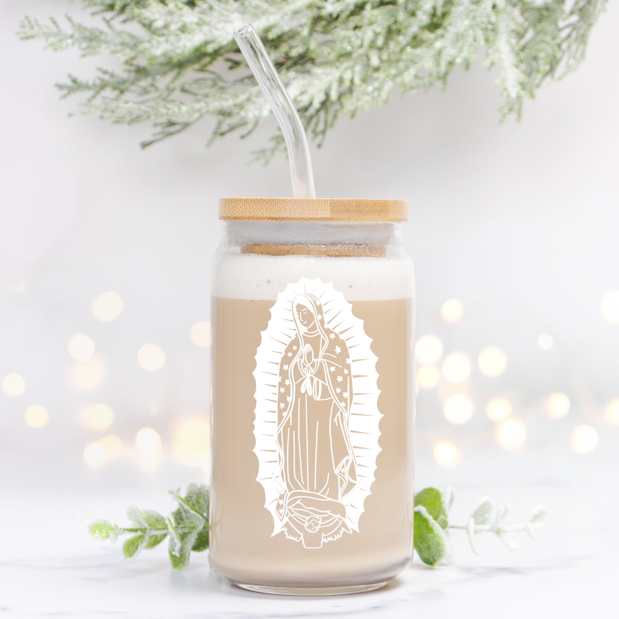 Our Lady of Guadalupe Glass Can Cup | Catholic Iced Coffee Glass with Straw
