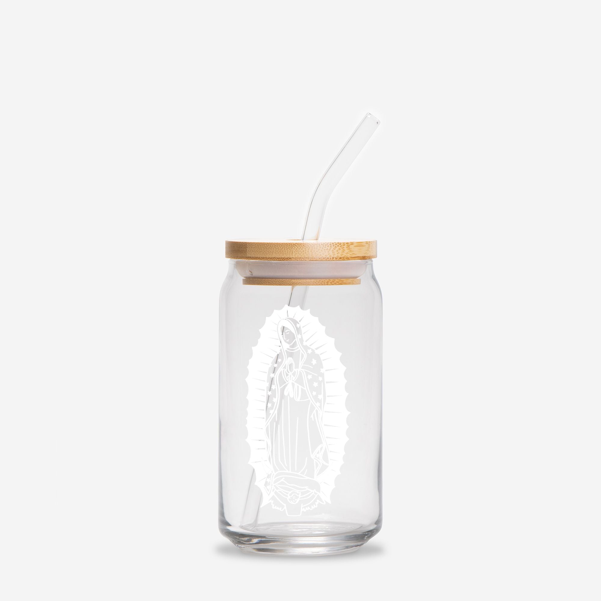 Our Lady of Guadalupe Glass Can Cup | Catholic Iced Coffee Glass with Straw