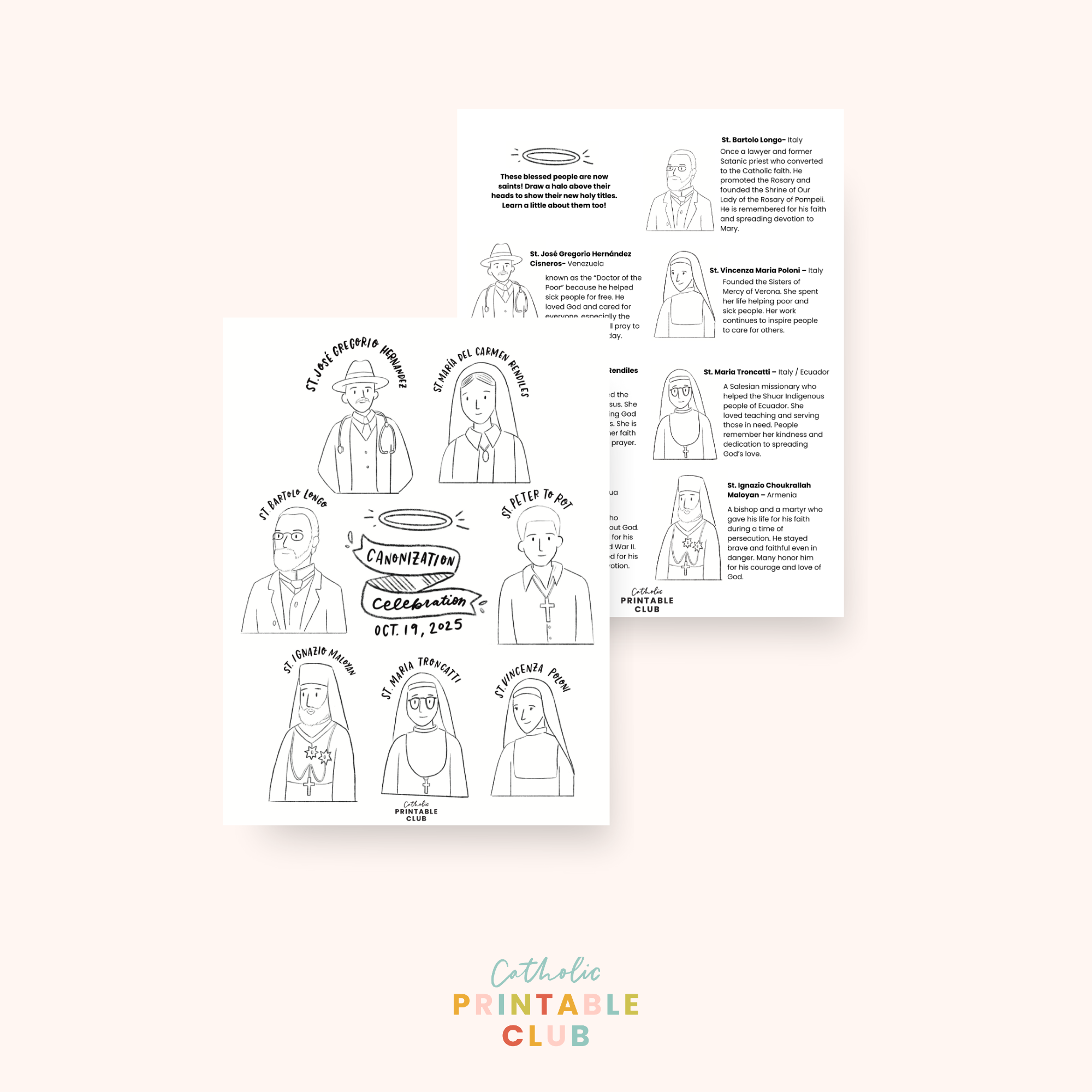 7 Saints Canonized October 19 Coloring Page & Draw a Halo Activity | Catholic Printable