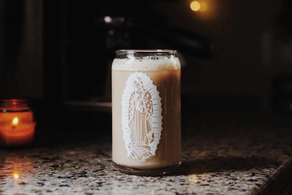 Our Lady of Guadalupe Glass Can Cup | Catholic Iced Coffee Glass