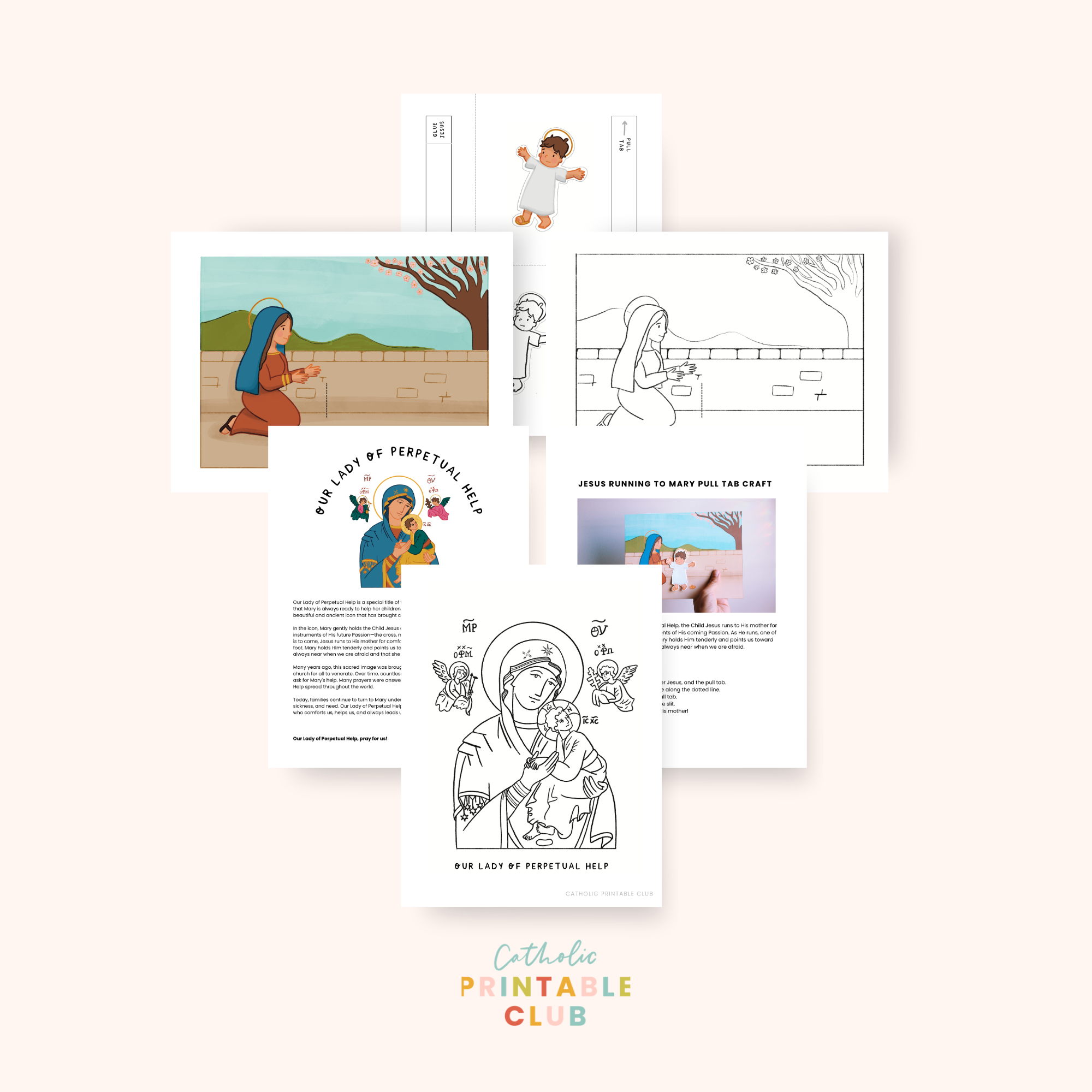 Our Lady of Perpetual Help Activity Bundle: Coloring Page & Jesus Running to Mary Pull Tab Craft