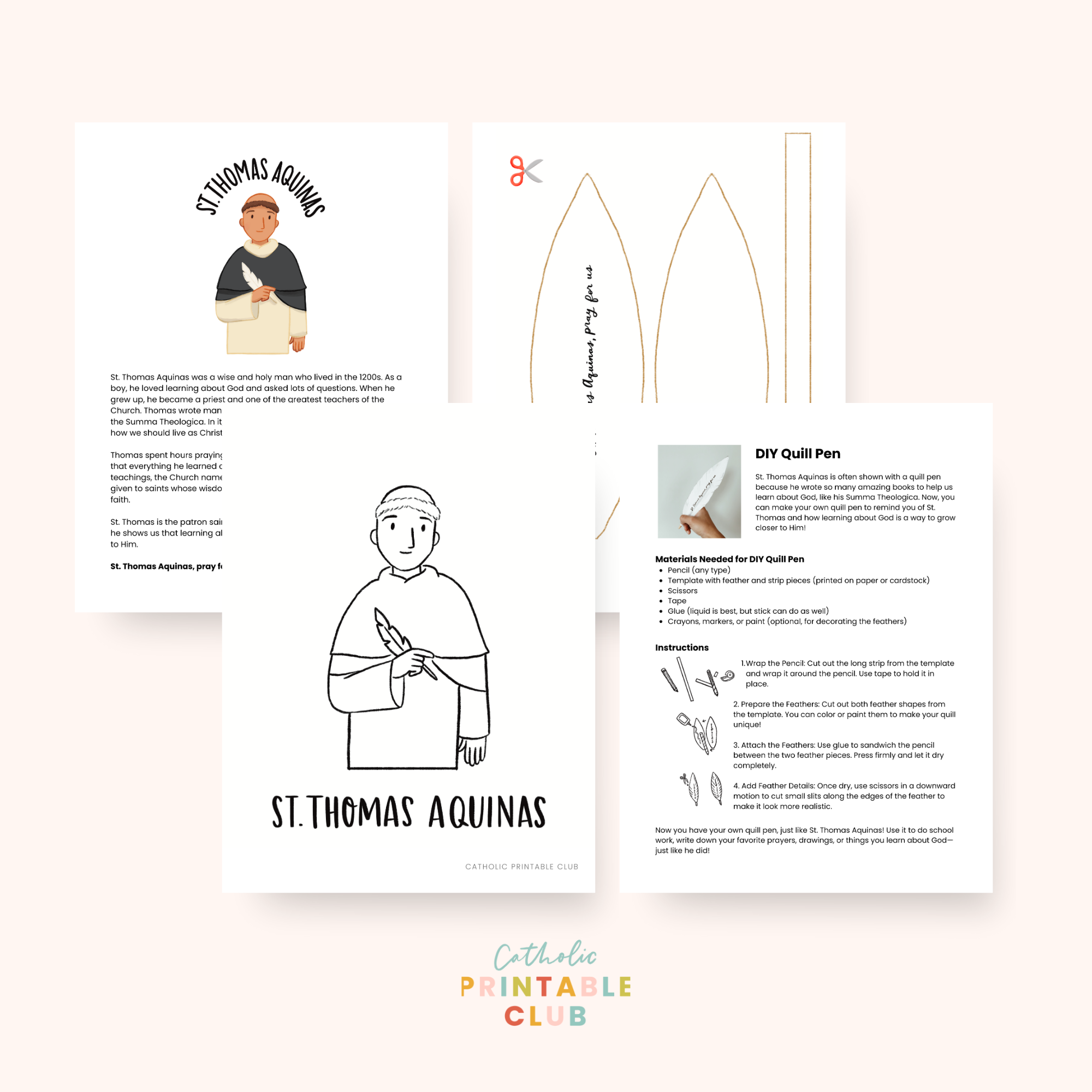 St. Thomas Aquinas Activity Bundle: Coloring Page & DIY Quill Pen Craft