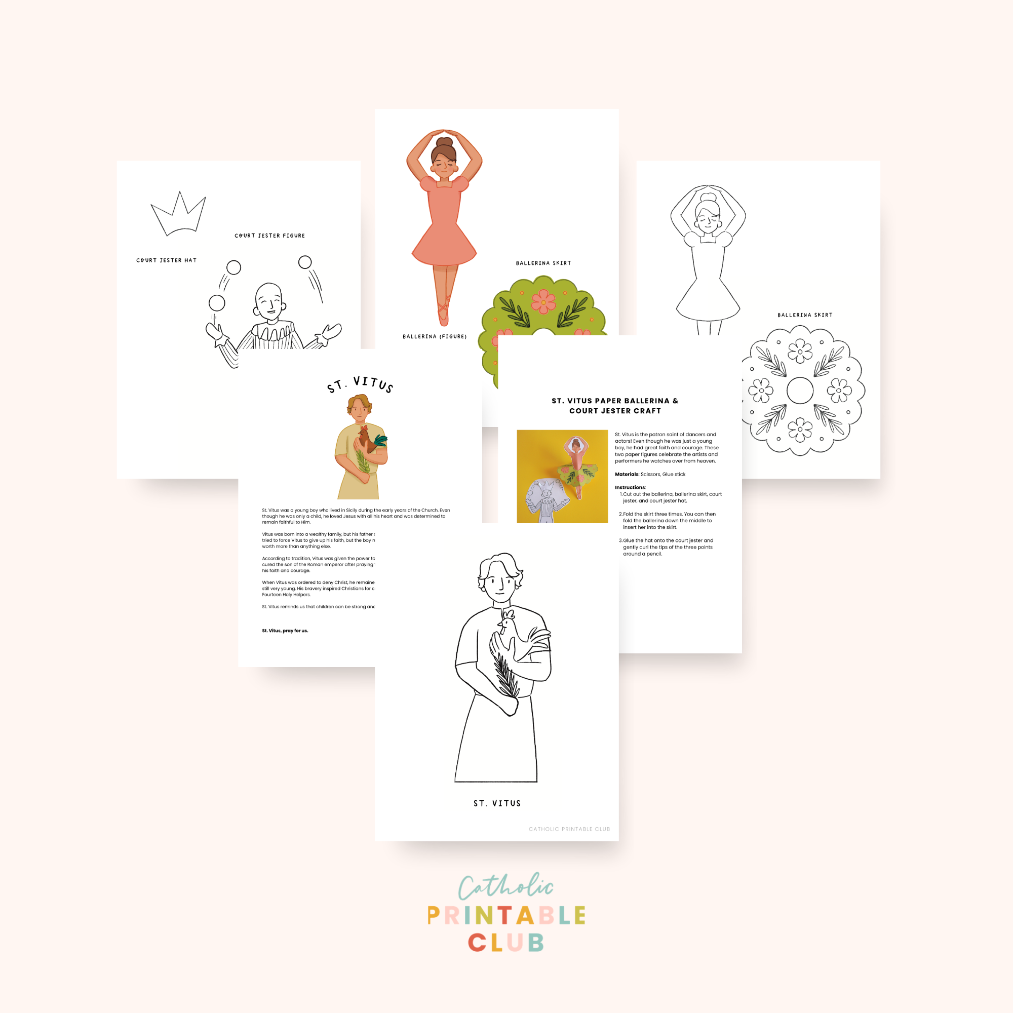 St. Vitus Activity Bundle: Coloring Page & Ballerina & Court Jester Paper Dolls