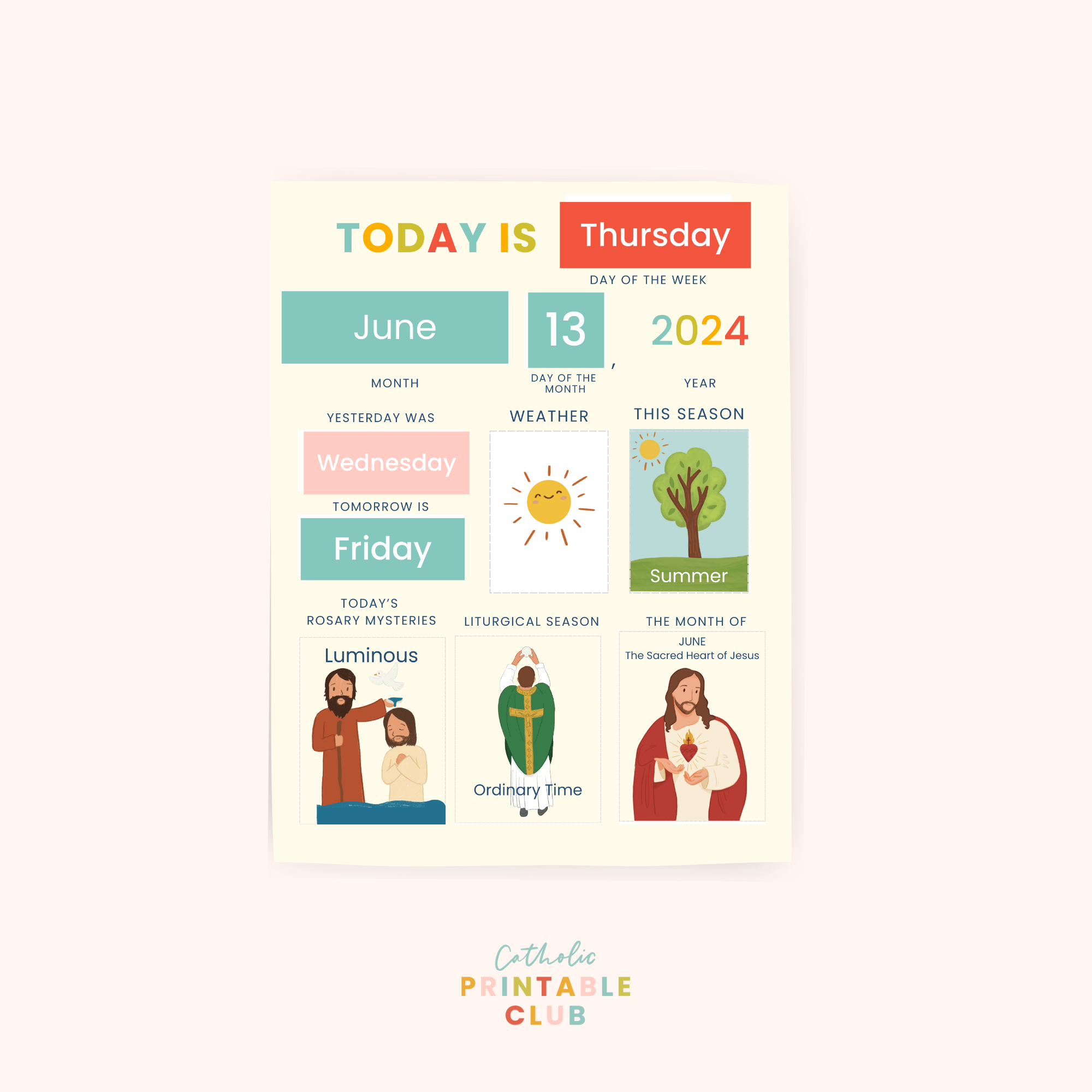 Catholic Daily Calendar, Days of the Week, Months of the Year Charts Bundle