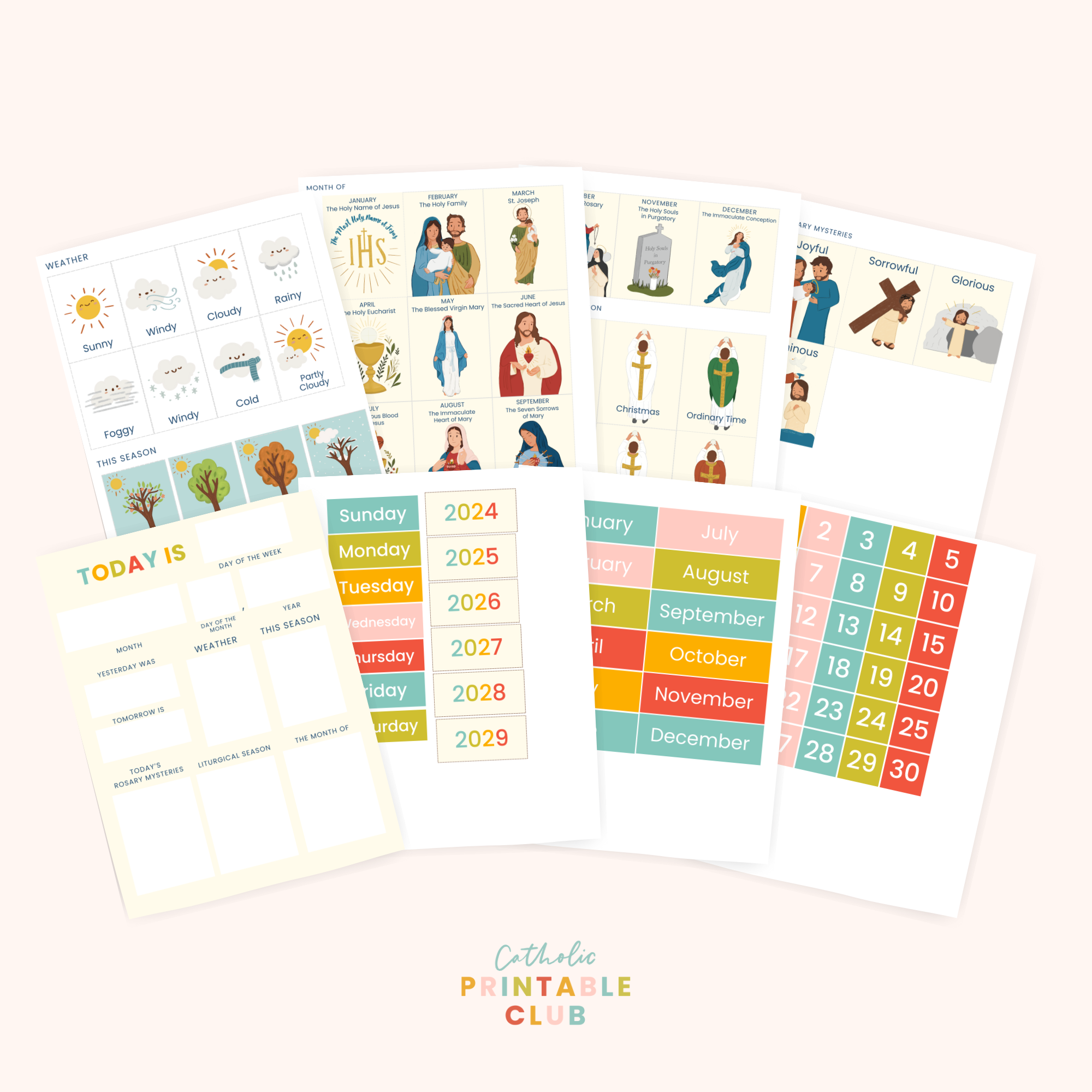Catholic Daily Calendar, Days of the Week, Months of the Year Charts Bundle